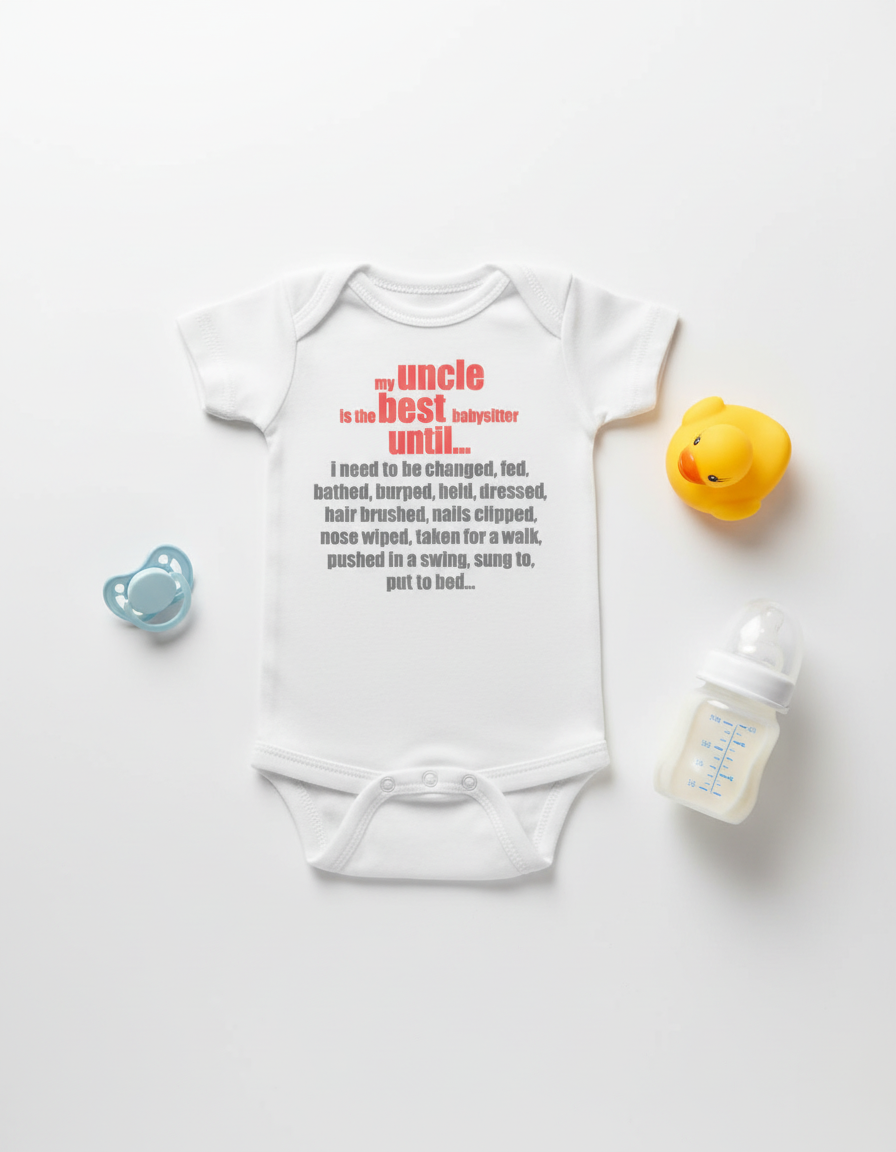 Flat lay of white uncle best babysitter onesie with baby accessories on white background
