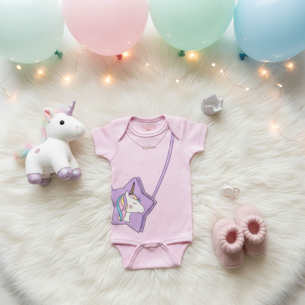 Baby girl in pink unicorn onesie on white fur rug in nursery with pastel balloons and fairy lights
