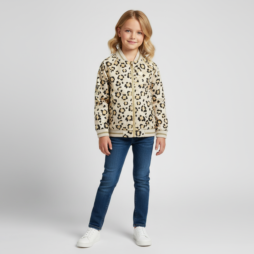 Upscale studio photograph of girls' leopard bomber jacket