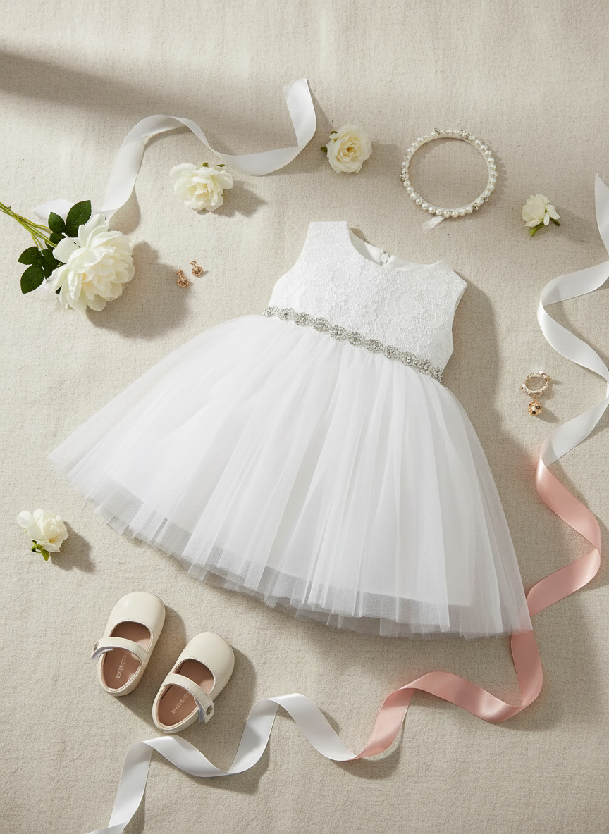 Upscale white infant dress flat lay with accessories