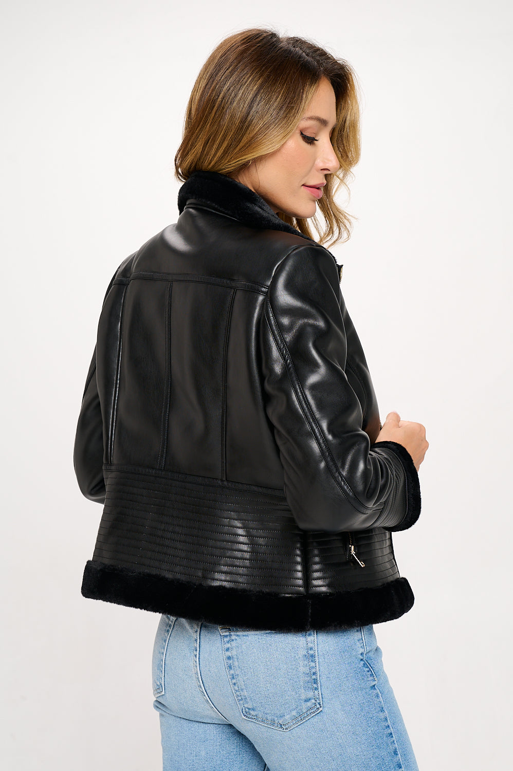 Vegan Leather Faux Fur Bonded Aviator Jkt - Black