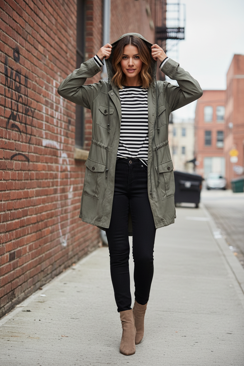 Woman wearing olive green hooded utility jacket against brick wall, adjusting drawstring hood, styled with striped tee and black jeans for modern street style look
