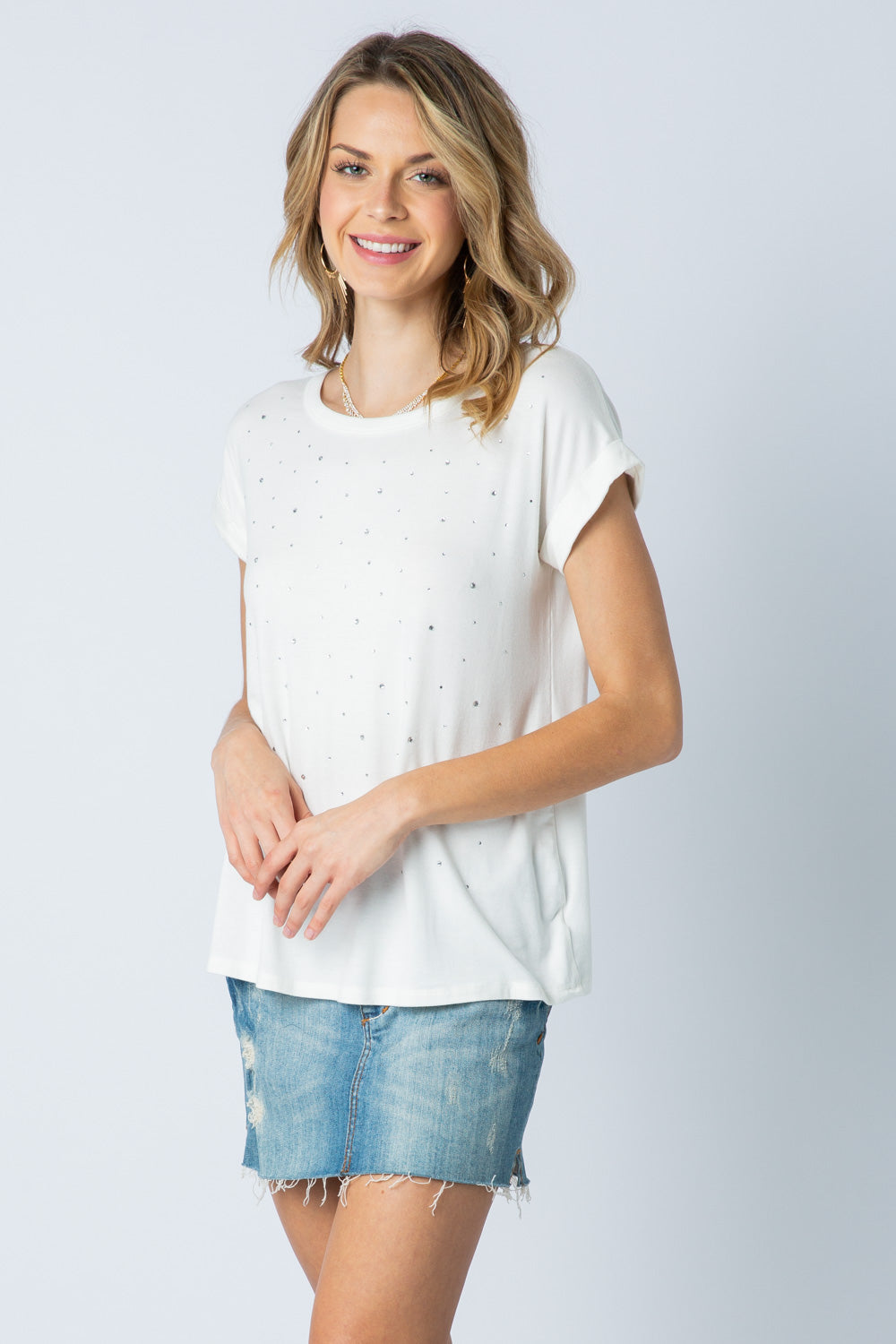 Cuffed Short Sleeve Top with Stones