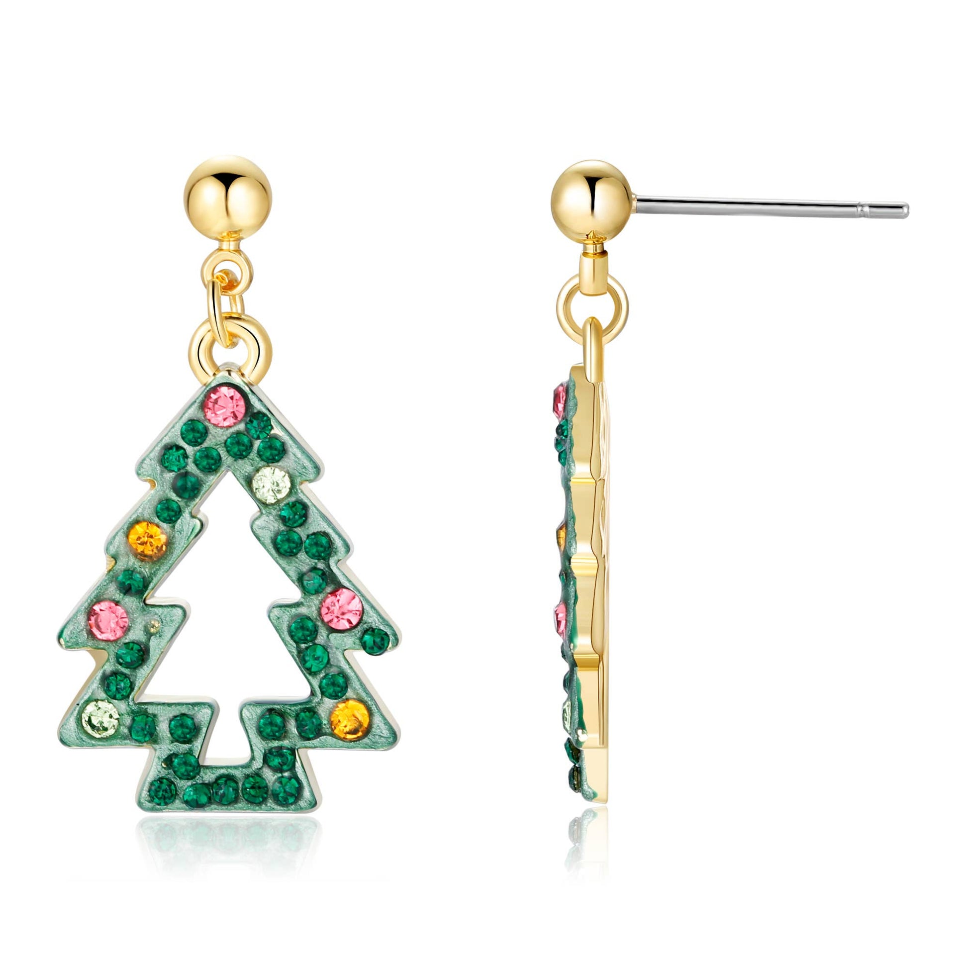 Christmas tree dangle earrings with green crystals and colorful ornament accents, shown from front and side view on white background
