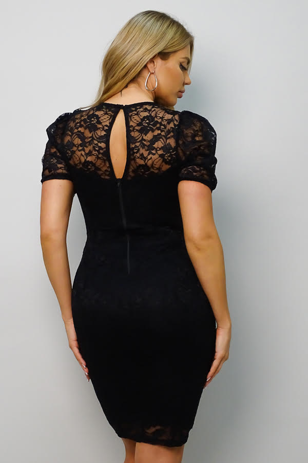 Victorian Lace  Puff Sleeve Midi Dress Black