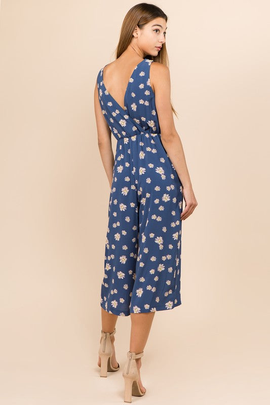 Blue Floral Sleeveless Tie-Front Jumpsuit – Wide-Leg Cropped Romper