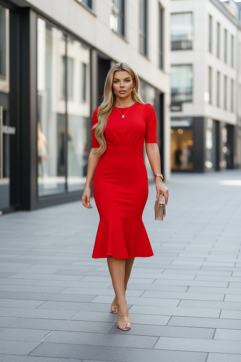 Red Trumpet Midi Dress | Crew Neck Elbow Sleeve Cinched Waist Fishtail Hem