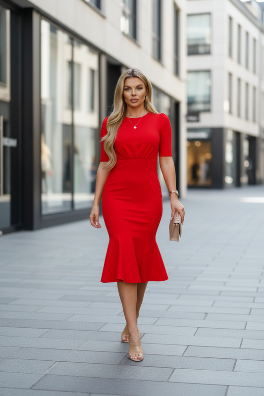 Red Trumpet Midi Dress | Crew Neck Elbow Sleeve Cinched Waist Fishtail Hem