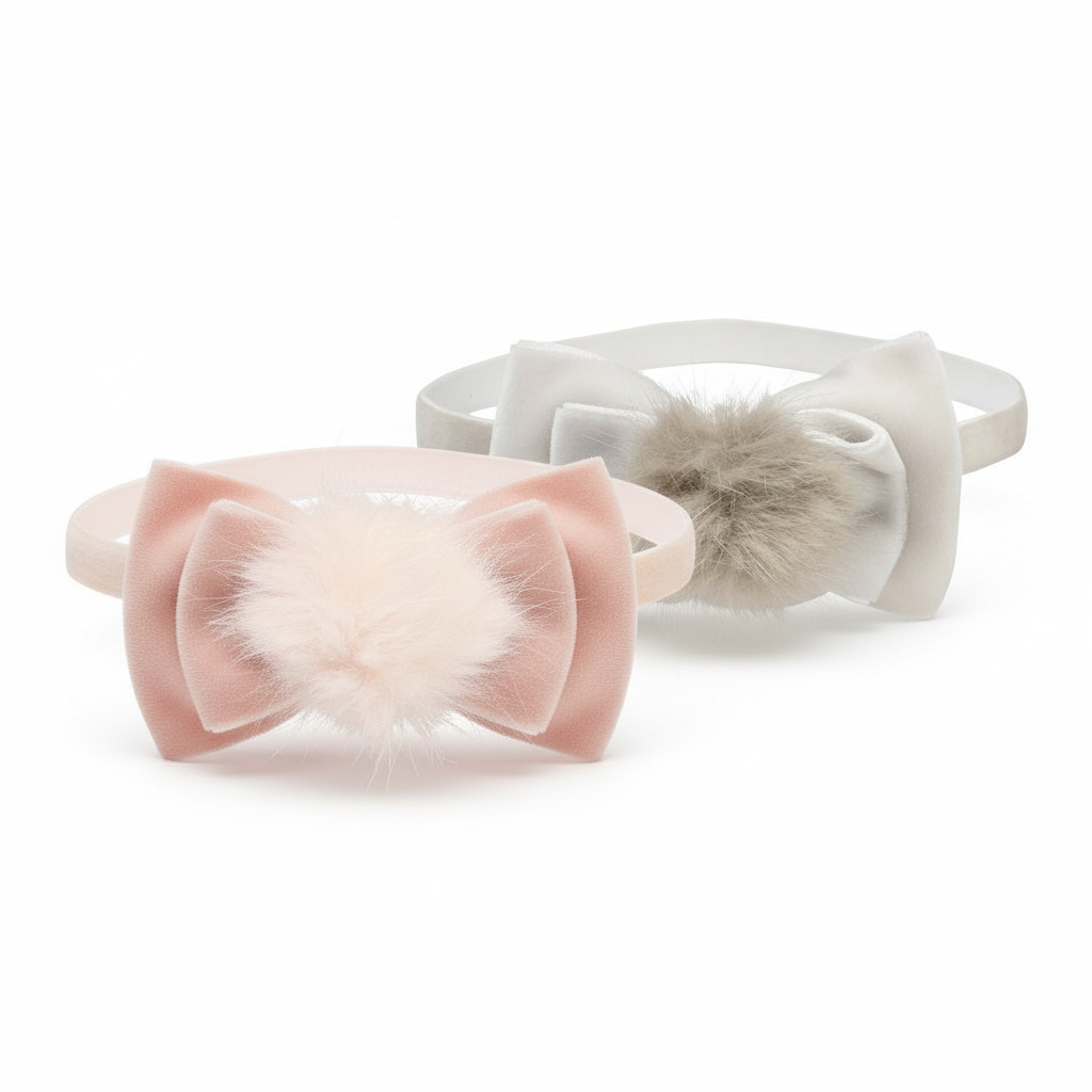 Pale pink and grey velvet bow baby headband set with fur pom-poms on white background
