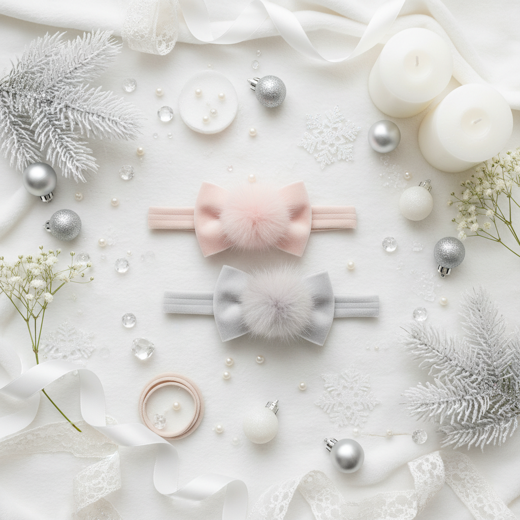 Pale pink and grey velvet bow baby headband set with fur pom-poms styled on holiday flat lay with frosted pine, snowflakes, and silver ornaments