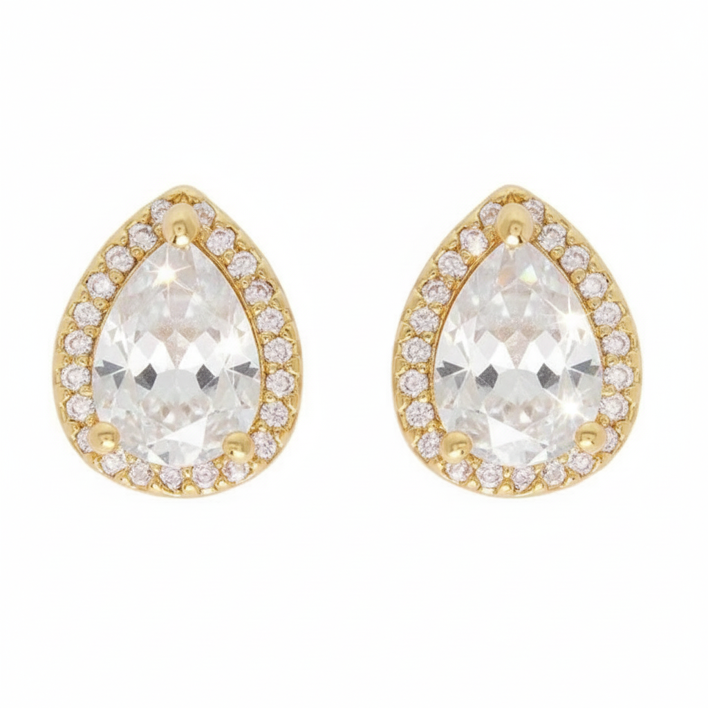 CZ Teardrop Halo Stud Earrings - Gold, Silver & Rose Gold Plated
