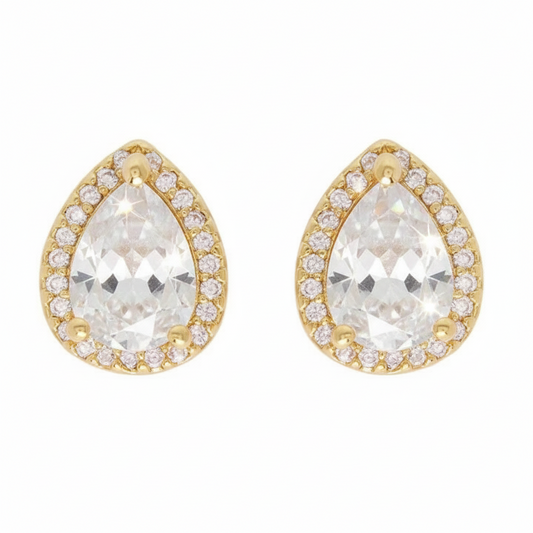 CZ Teardrop Halo Stud Earrings - Gold, Silver & Rose Gold Plated