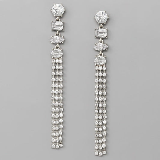 Rhinestone Thread Fringe Statement Earrings