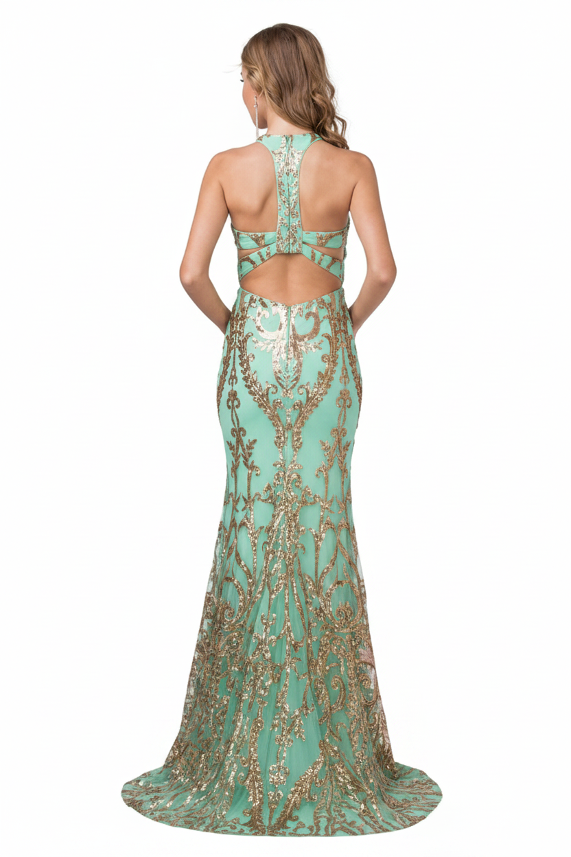 Mint green with gold sequin halter gown back view – dramatic cut-out open back with strappy detail on mermaid formal gown