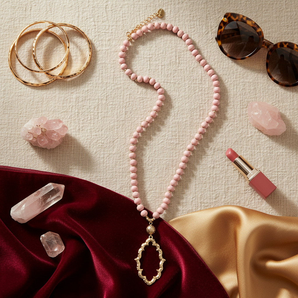 The necklace beautifully arranged on a rustic surface with bohemian accessories like dried flowers for that artisan, natural aesthetic