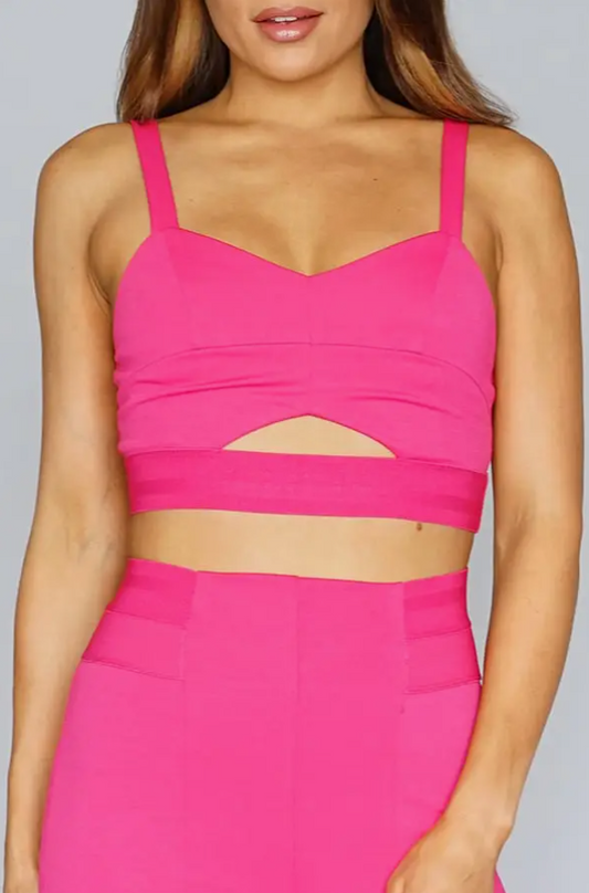 Cut Out Crop w/High Waist Elastic Band Set Hot Pink