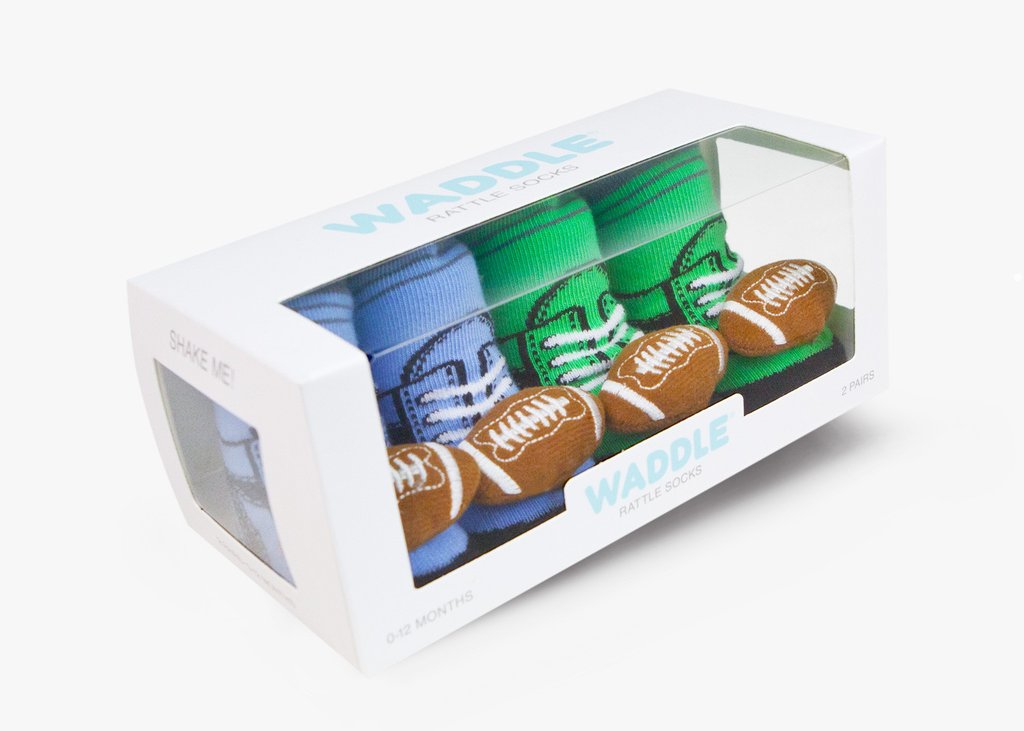 Football Rattle Socks 2-Pair Gift Set Blue Green 0-12M