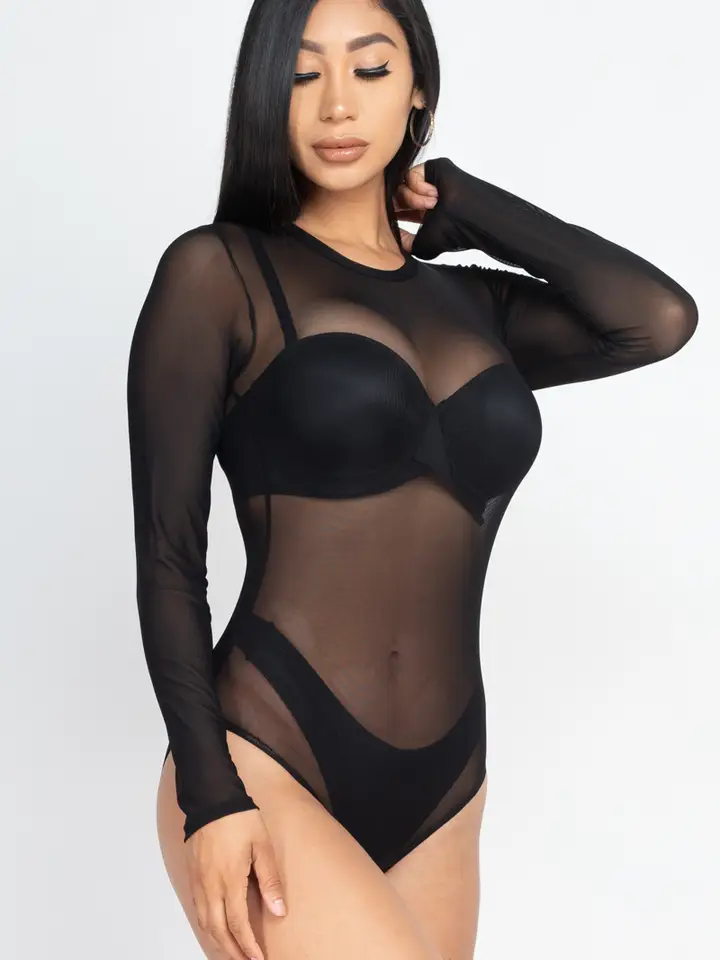 Sheer Mesh Long Sleeve Bodysuit