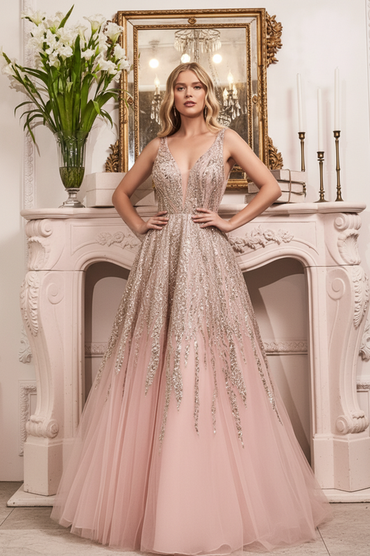 Woman in a glamorous pink evening gown standing in an elegant room with a mirror and candles.