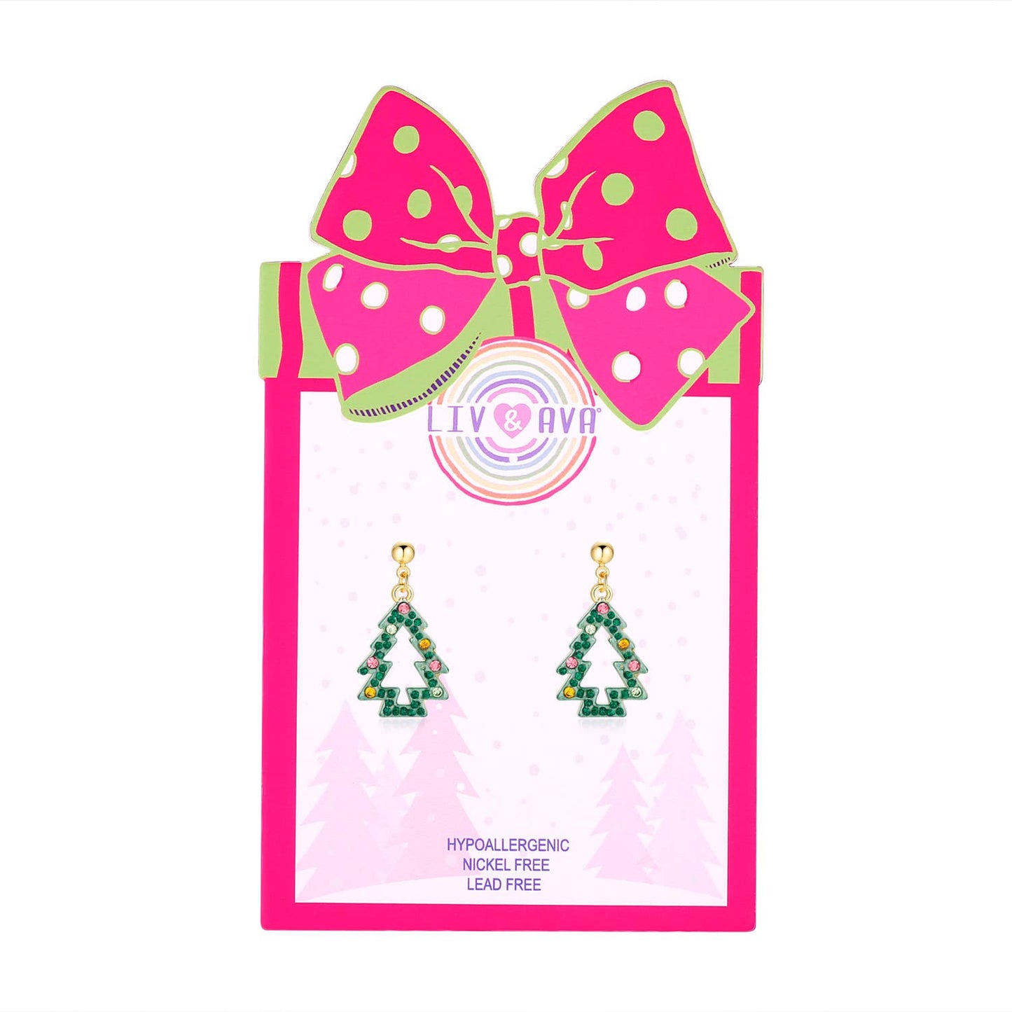 Kids' Christmas tree earrings displayed on pink polka dot gift card packaging, hypoallergenic nickel-free and lead-free

