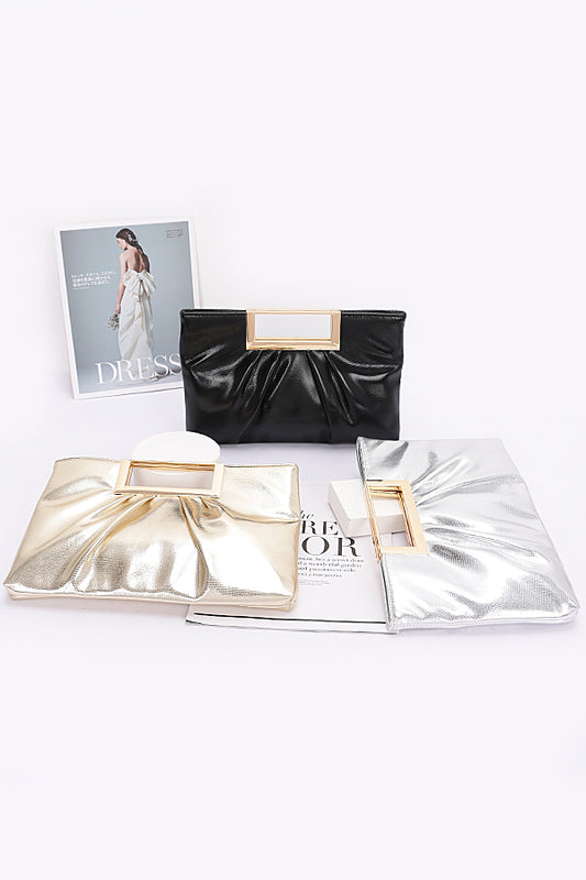 Faux Leather Metal Handle Clutch