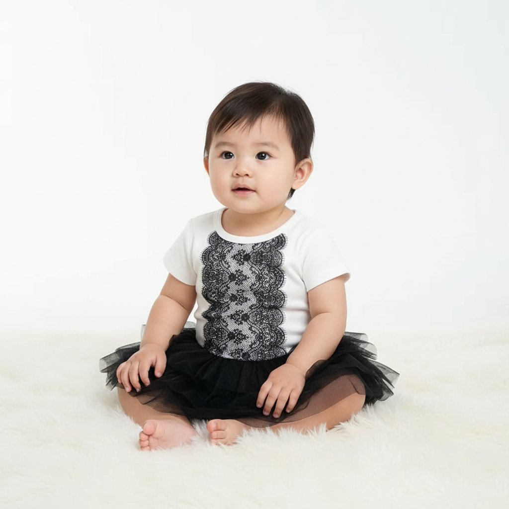 Asian baby girl wearing white onesie with black lace trim and black tulle skirt, sitting on white background