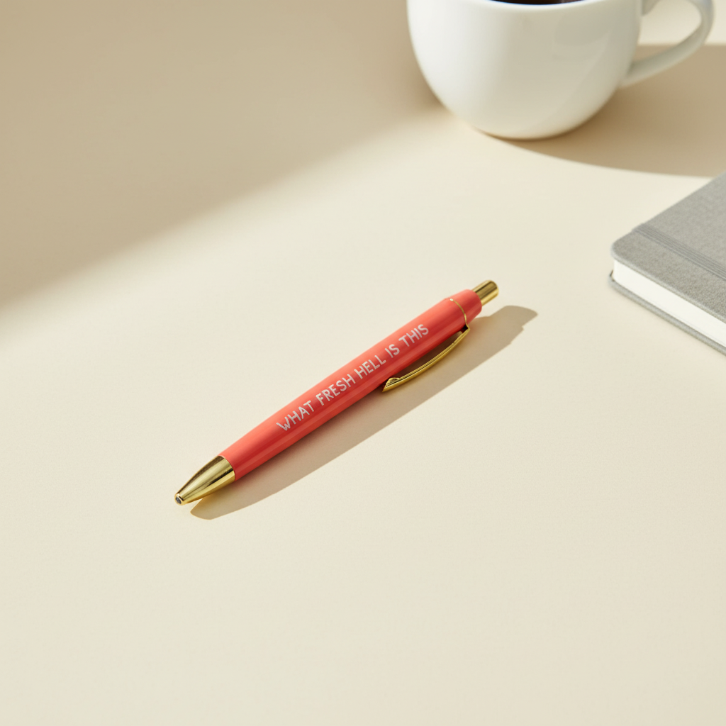 What Fresh Hell Is This coral pen minimalist flat lay product image for office humor gift