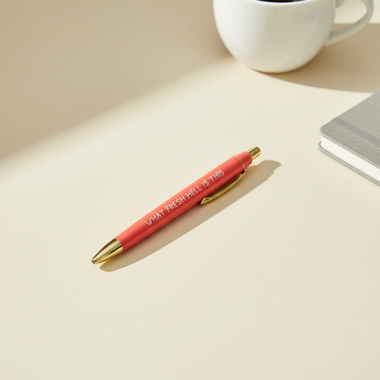 What Fresh Hell Is This coral pen minimalist flat lay product image for office humor gift