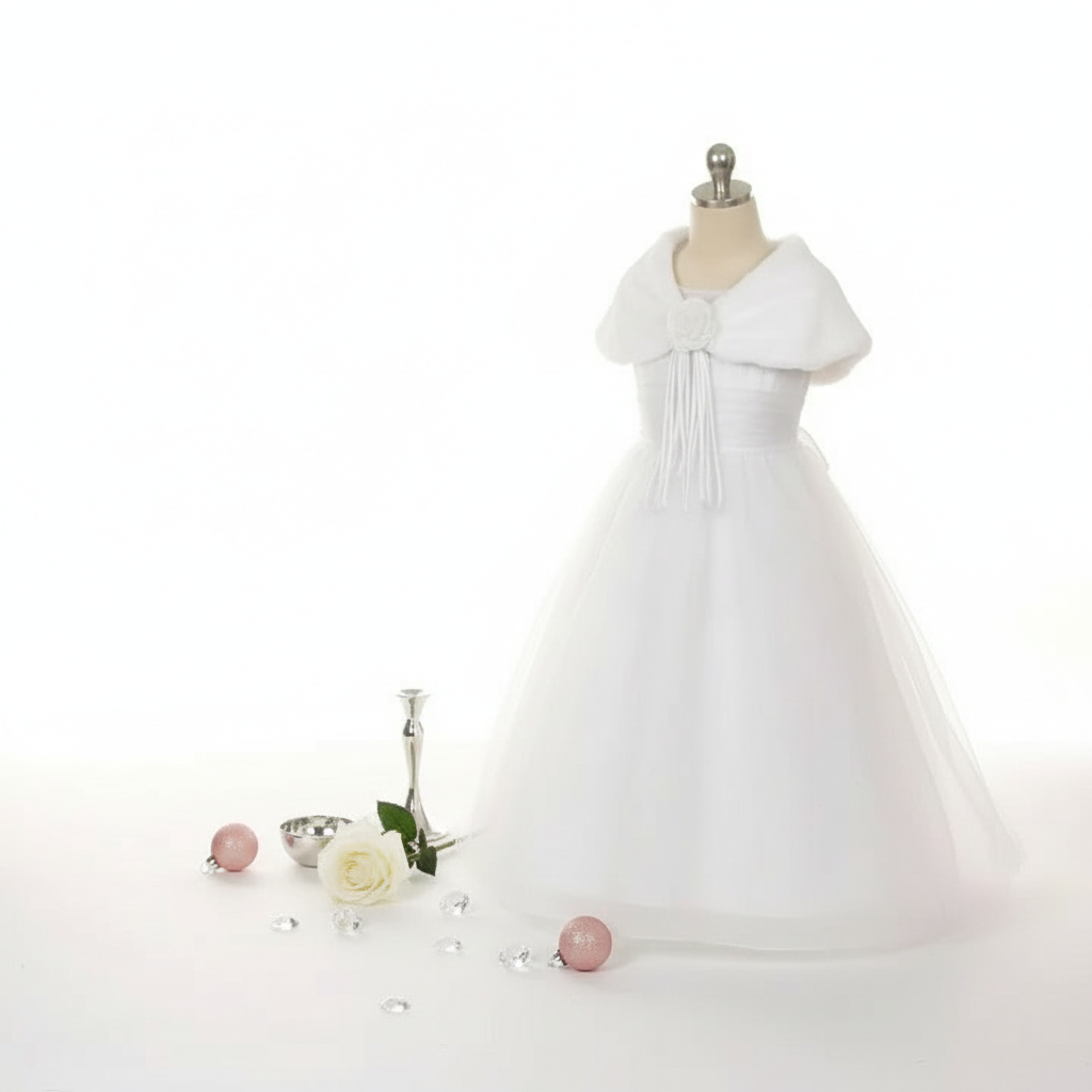 White faux fur shawl draped on white dress with minimalist pink and silver holiday decor