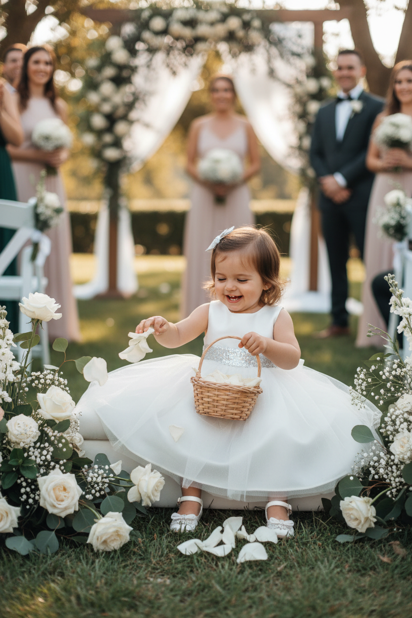 Toddler girl wearing white flower girl dress with silver sash at wedding - adorable toddler formal dress lifestyle photography