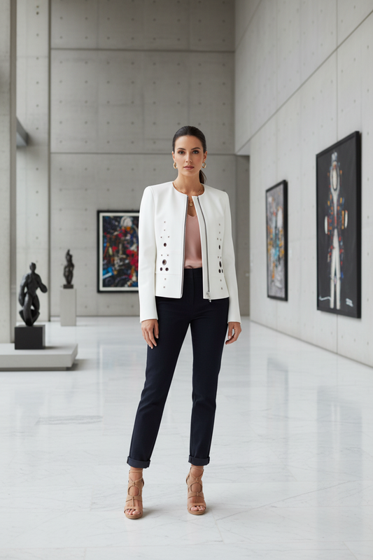 White Grommet Jacket Upscale Editorial