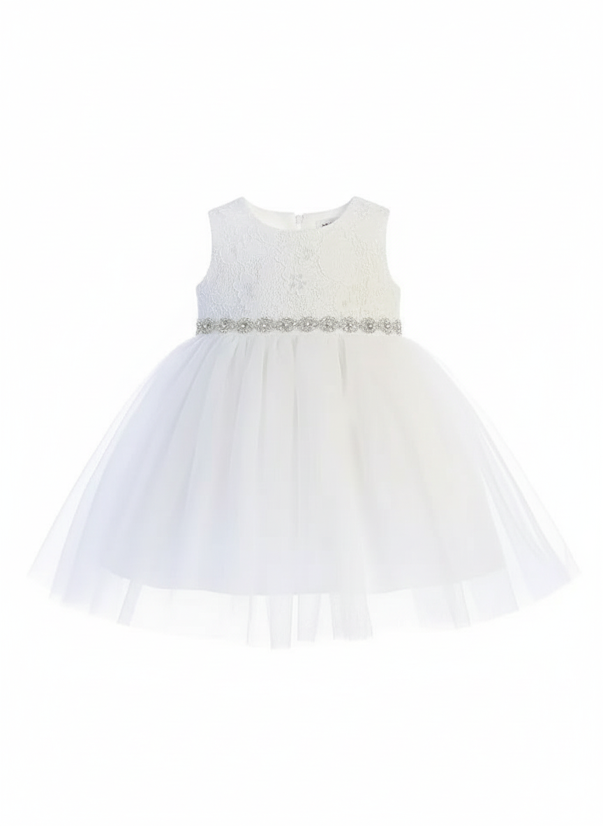 White infant lace tulle formal dress flat lay with rhinestone waist detail and full tulle skirt