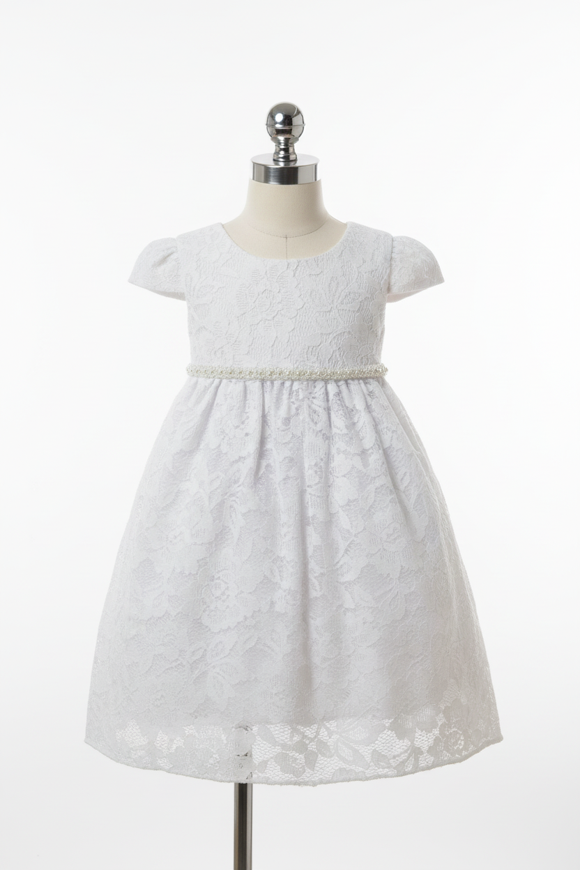 White lace baby dress with pearl waist trim on dress form, front view
