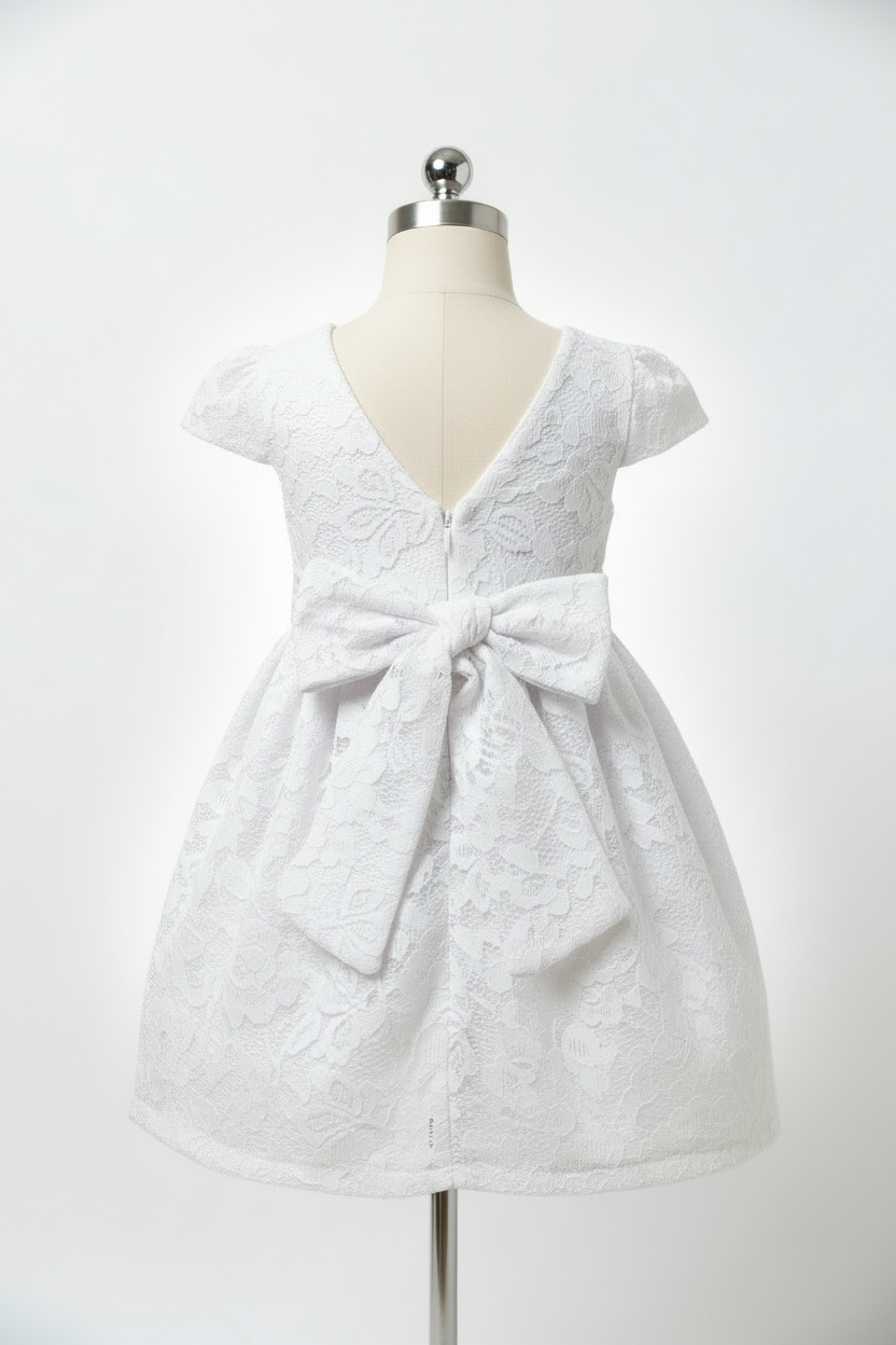 White lace baby dress with V-back and lace tie on dress form, back view
