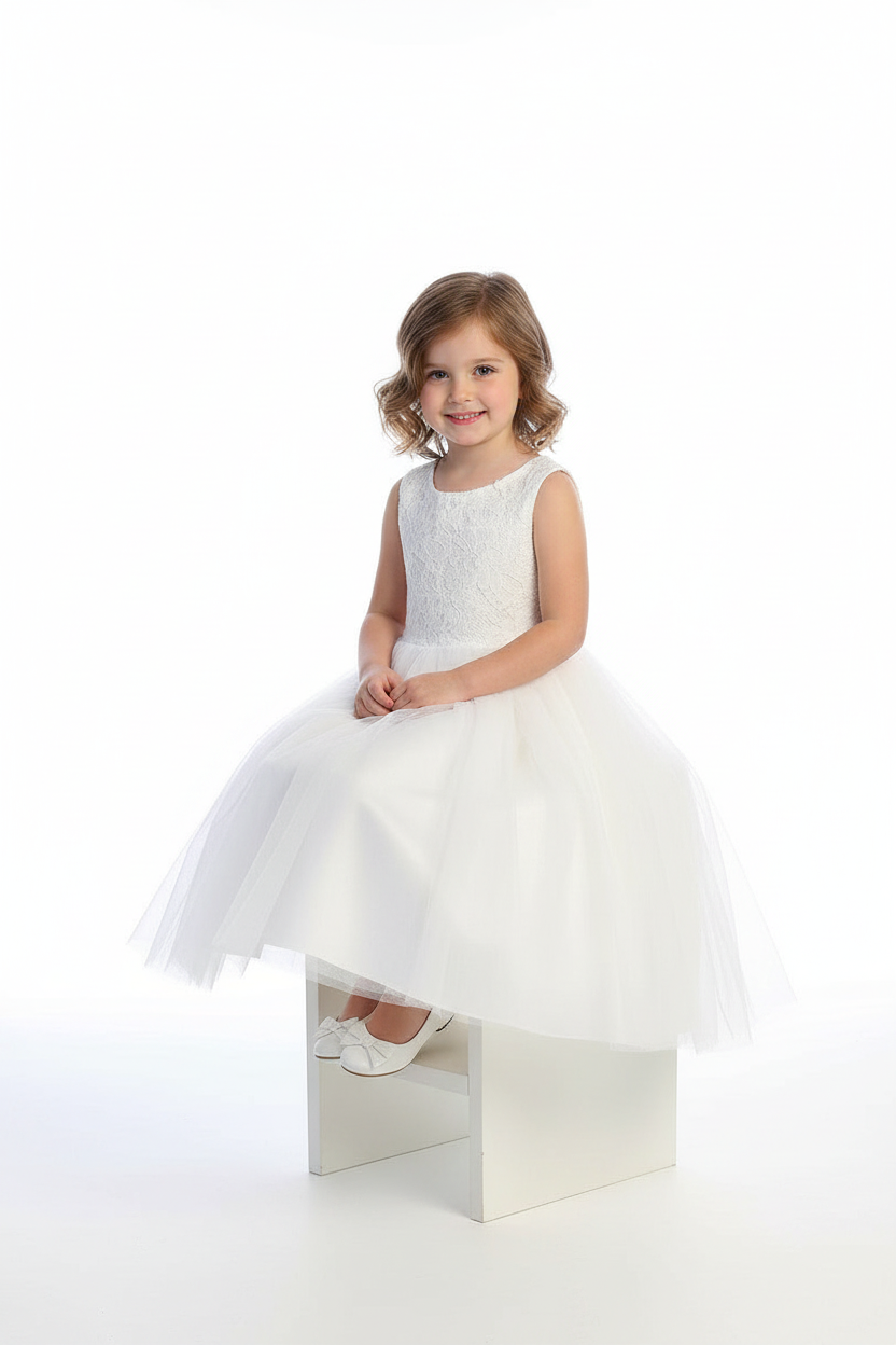 White lace dress studio lifestyle - seated pose