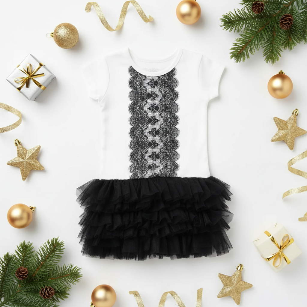 White baby onesie with black lace trim and black tulle skirt styled with gold ornaments, evergreen branches, and holiday decorations on white background