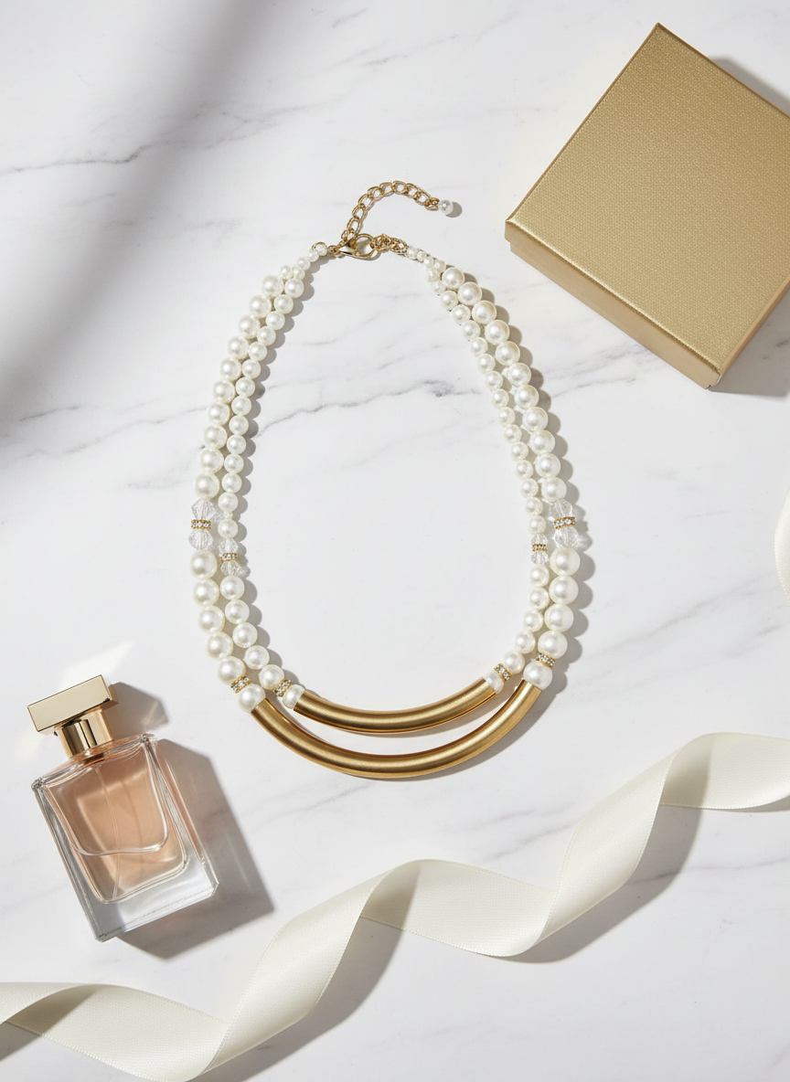 White pearl and gold tube statement necklace styled with gold gift box and elegant props