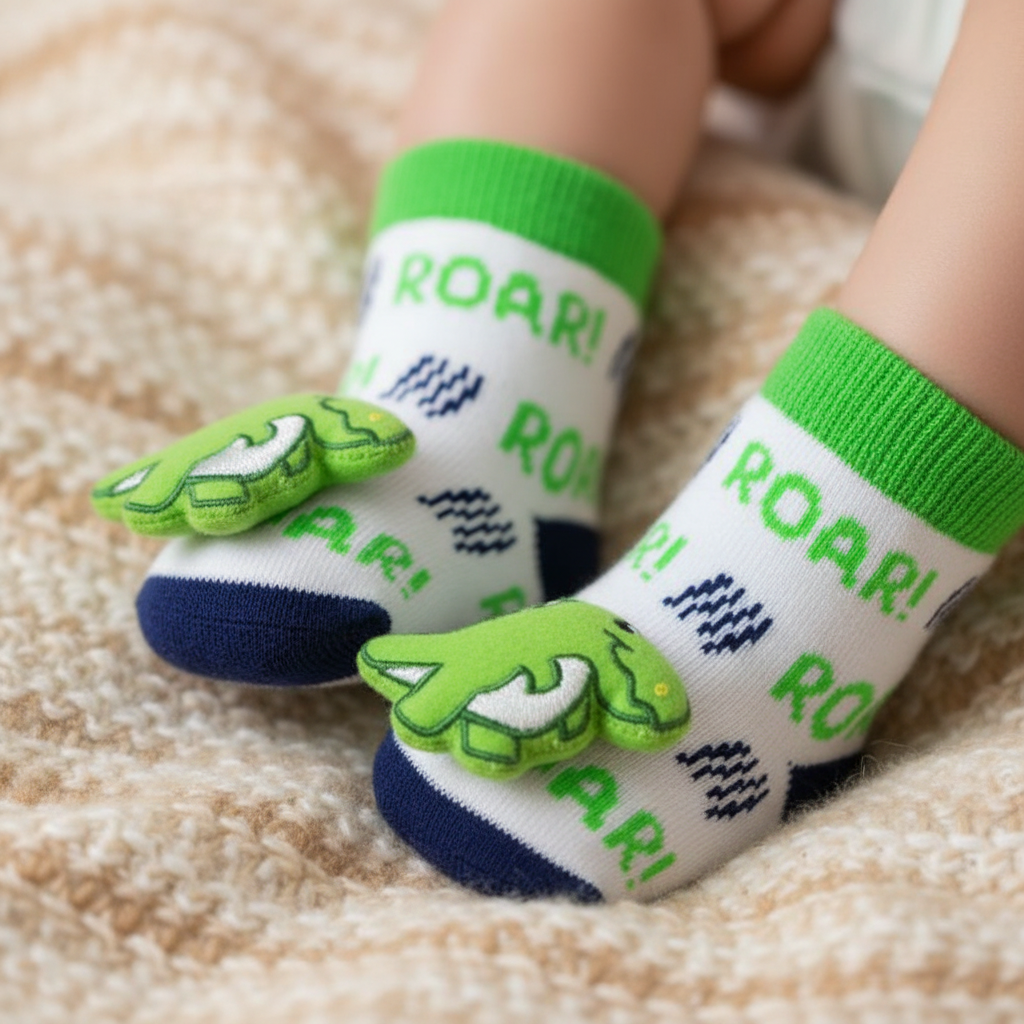 White ROAR Dinosaur Rattle Socks on Infant Feet