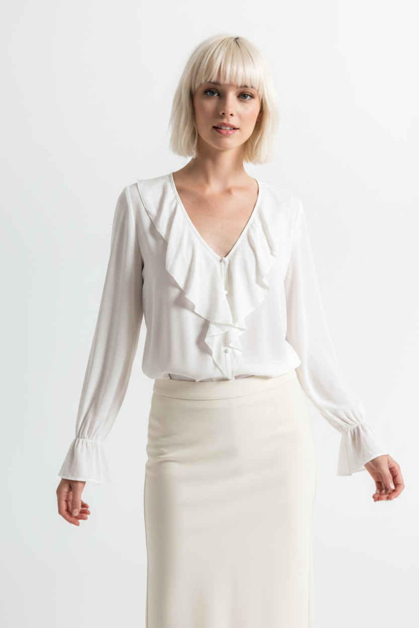 Woman wearing White Ruffle Blouse  with skirt