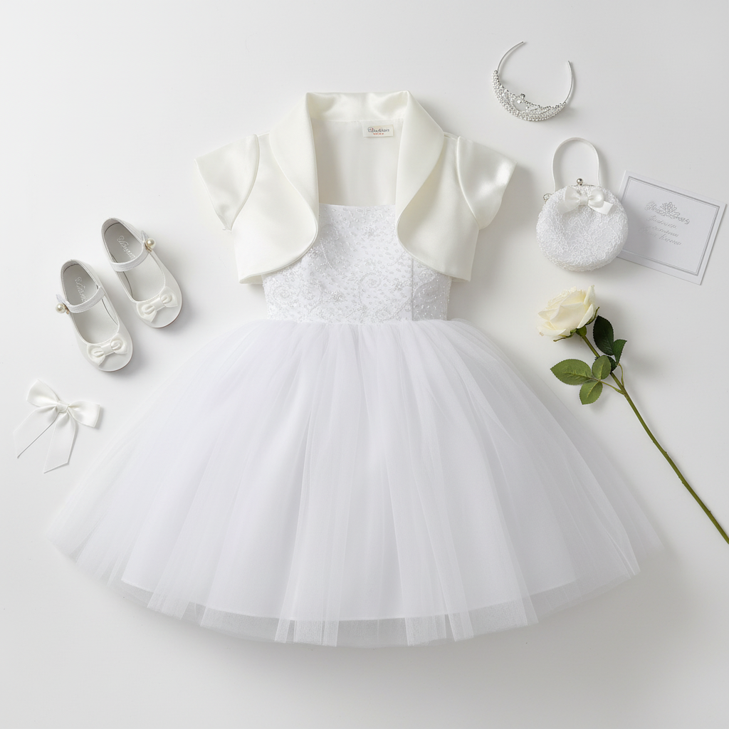 White satin bolero jacket with short sleeves arranged in flat lay with special occasion accessories