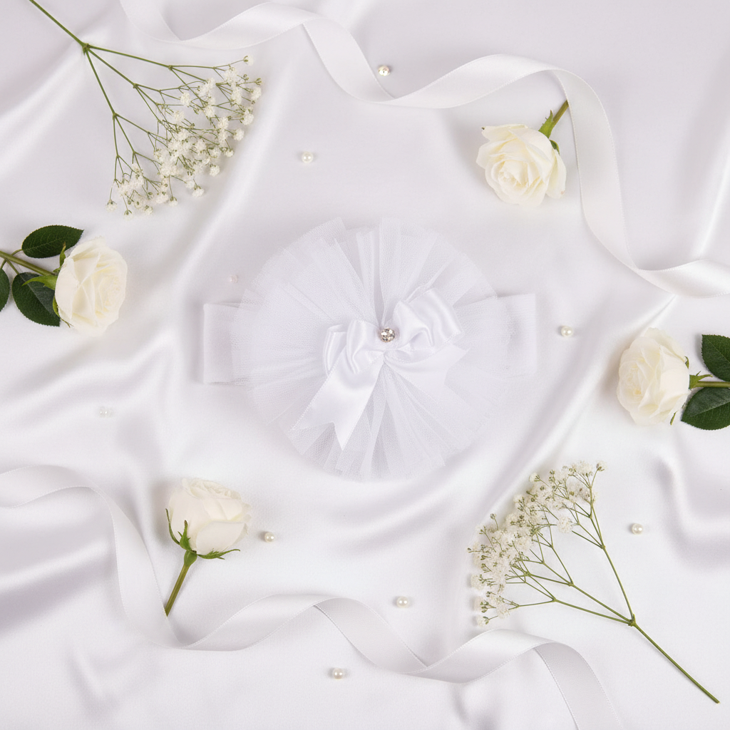 White tulle headband flat lay