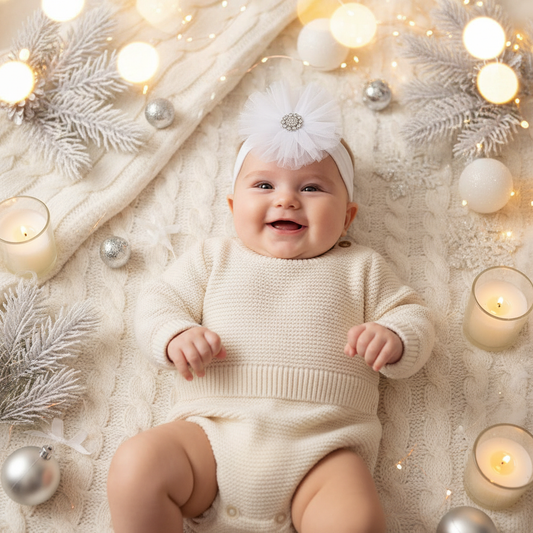 Baby girl wearing white tulle rhinestone headband in cozy holiday setting with twinkling lights and winter decor