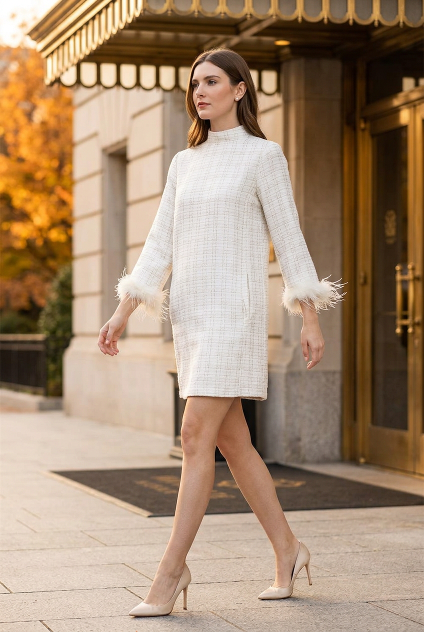 A woman models a white textured tweed mini dress with feather-trimmed cuffs, walking outdoors in front of a building entrance.