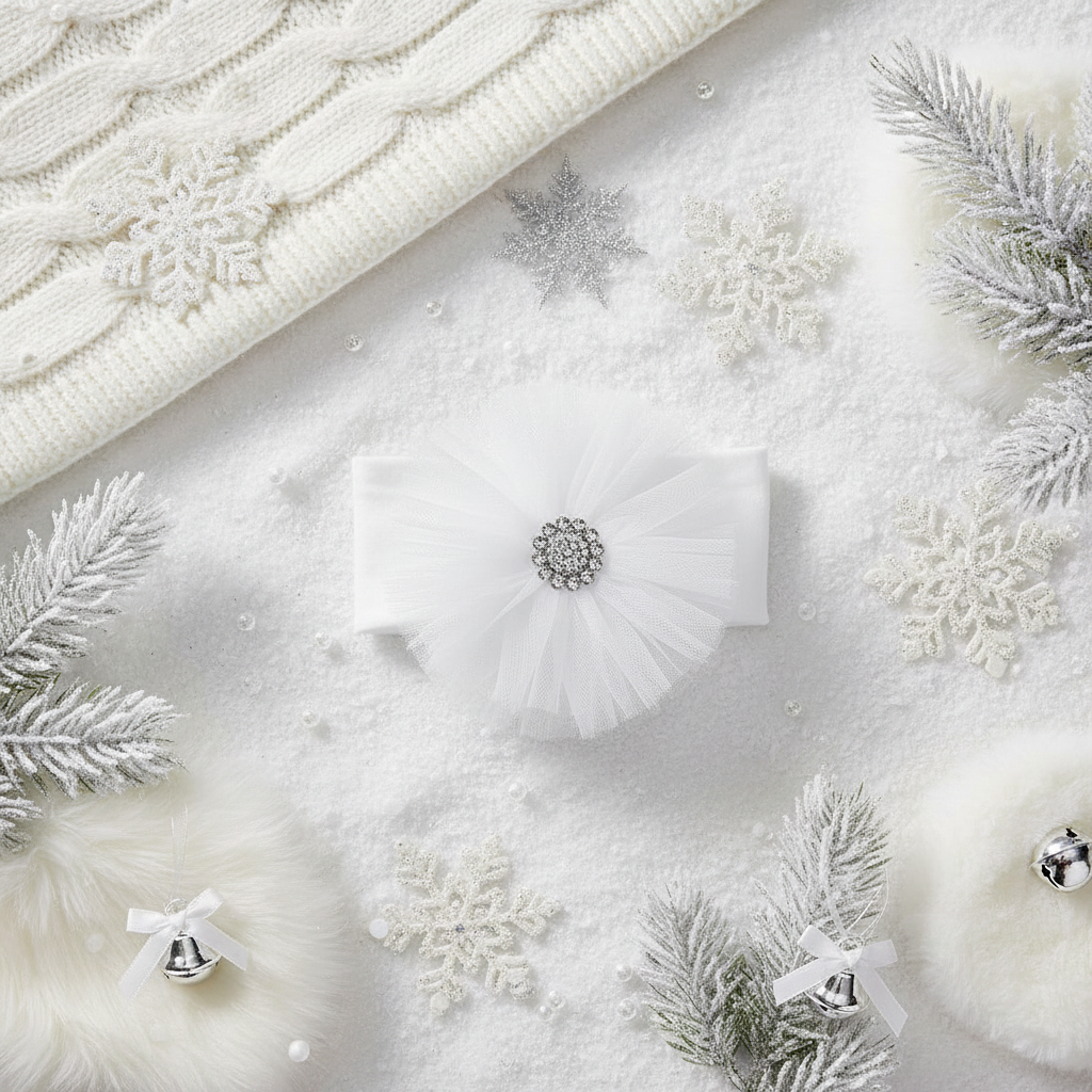 White tulle baby headband with rhinestone displayed on winter-themed flat lay with snowflakes and white knit blanket