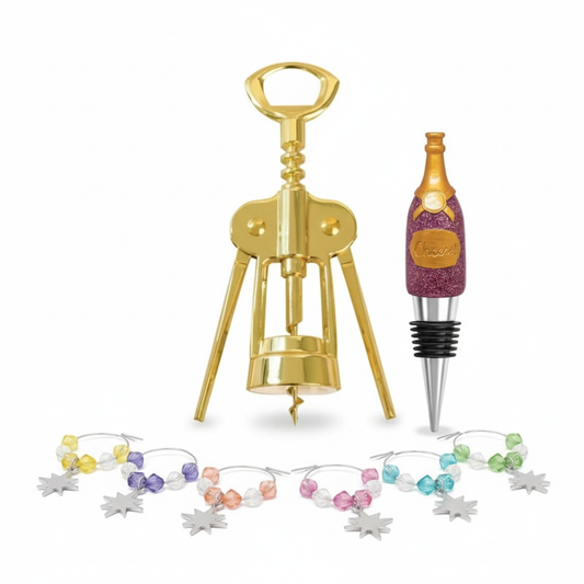 Wine accessories gift set with gold corkscrew, purple glitter stopper, and colorful glass charms on white background