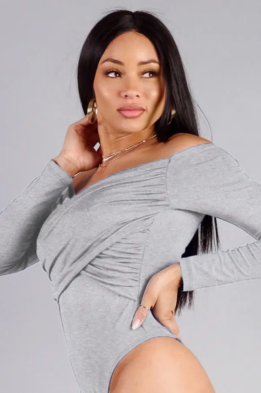 Long Sleeve Off Shoulder Crossed Front Bodysuit Grey