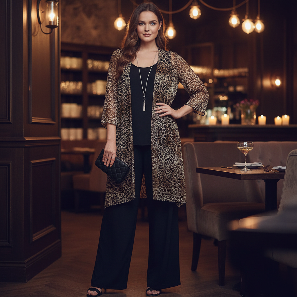 Woman in leopard print 3-piece set at elegant restaurant