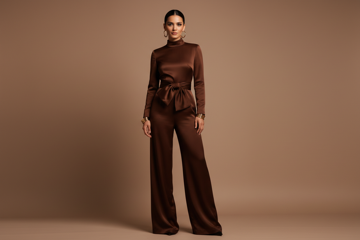 woman wearing a chocolate statement jumpsuit