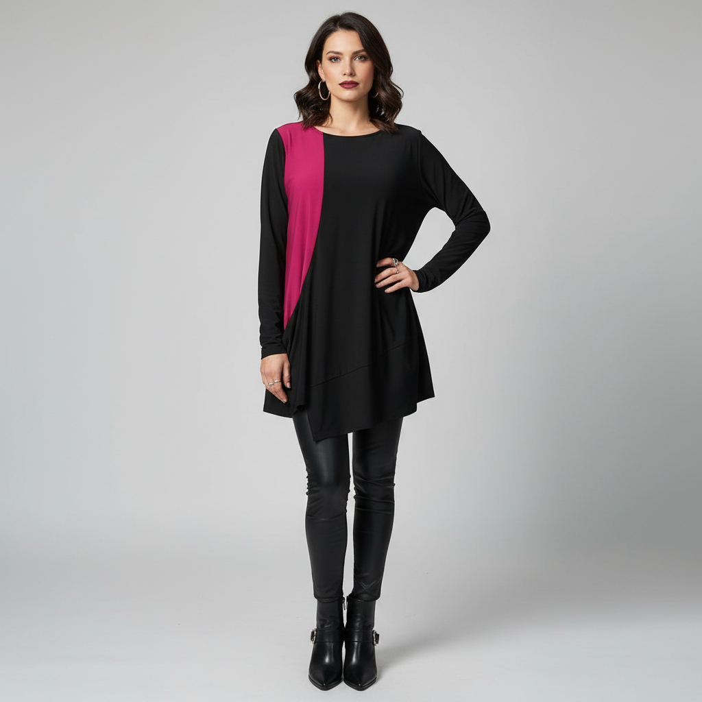 Woman wearing Black and Rose Statement Pocket Tunic with leather leggings and boots