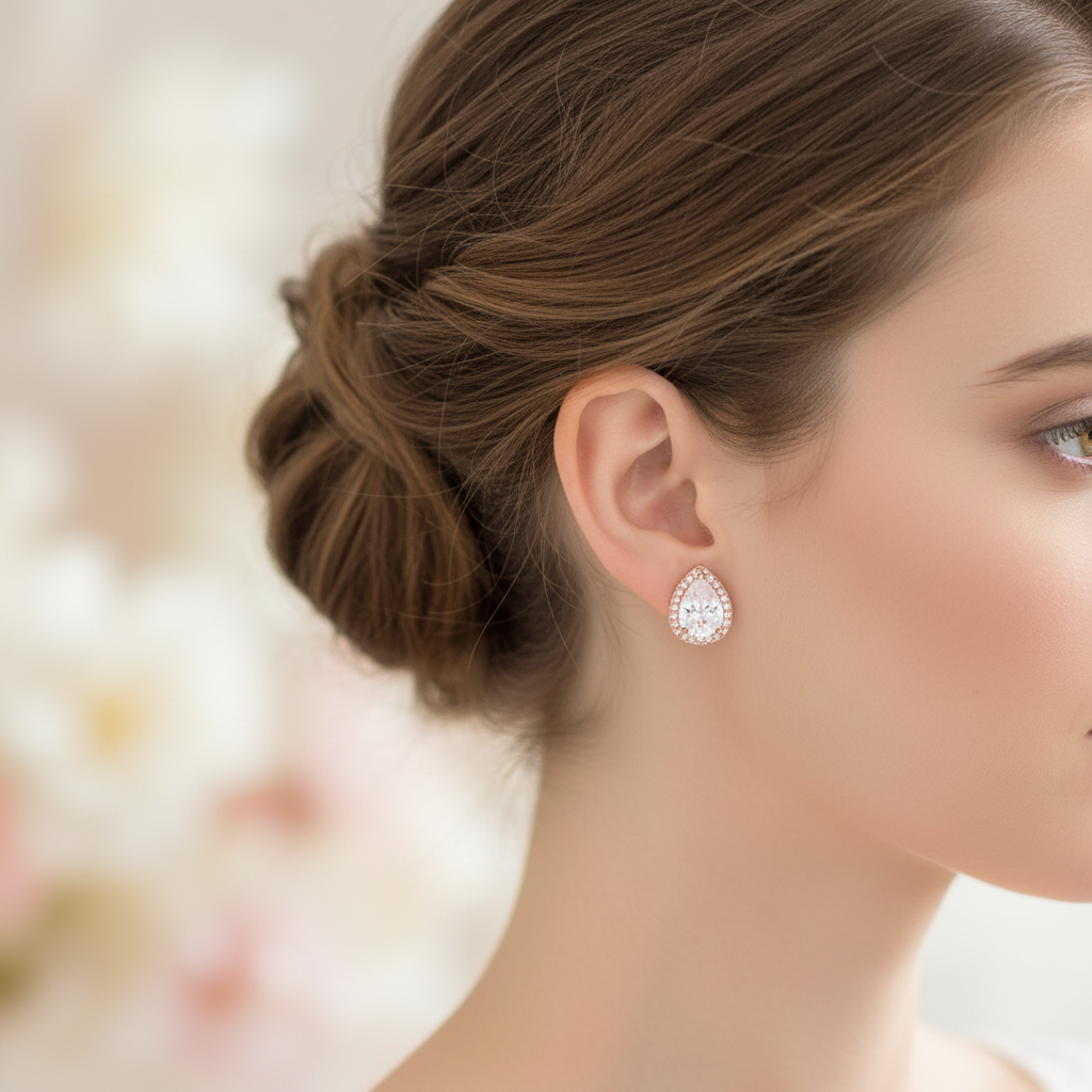 Woman wearing petite pear-shaped cubic zirconia halo stud earrings in rose gold plated finish with hair styled back